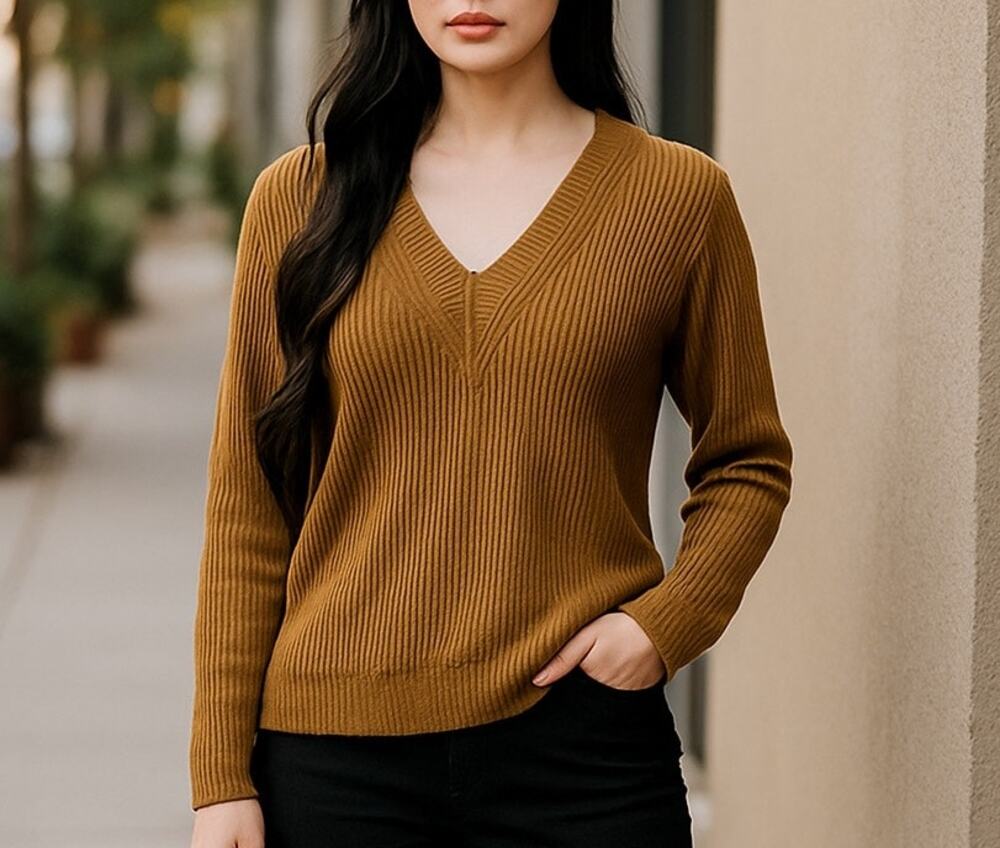 Tory Burch Ribbed Sweater Wool Cashmere Orange V-Neck Long Sleeve Size XS